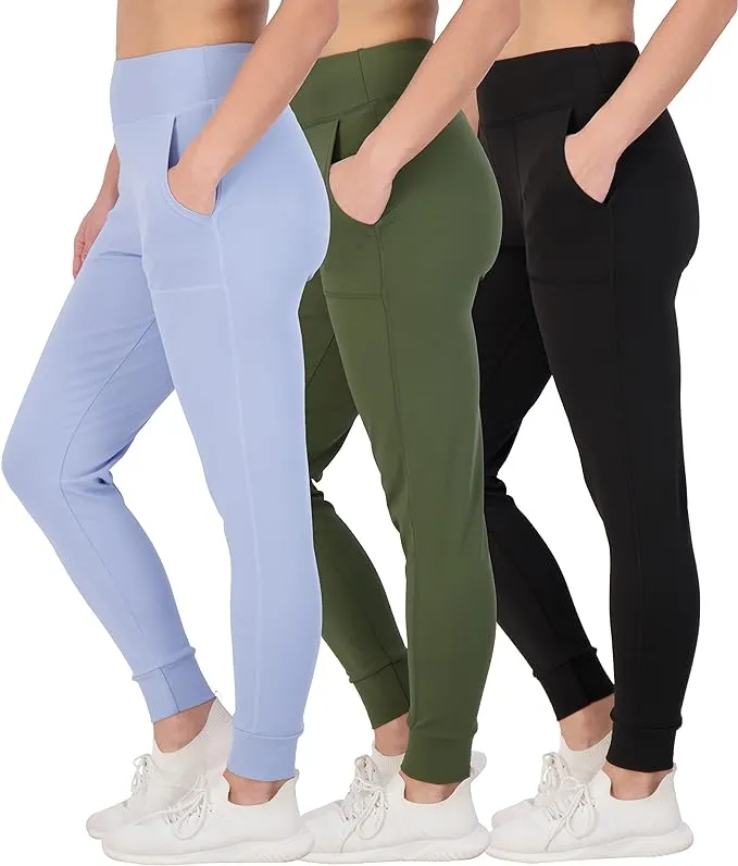 Real Essentials 3 Pack: Women's Joggers with Pockets - High Waist Workout Yoga ...