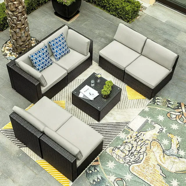 YITAHOME 7 Pieces Patio Furniture Set  Outdoor Sectional Sofa PE Rattan Wicker Conversation Set Outside Couch with Table and Cushions for Porch Lawn Garden Backyard  Black