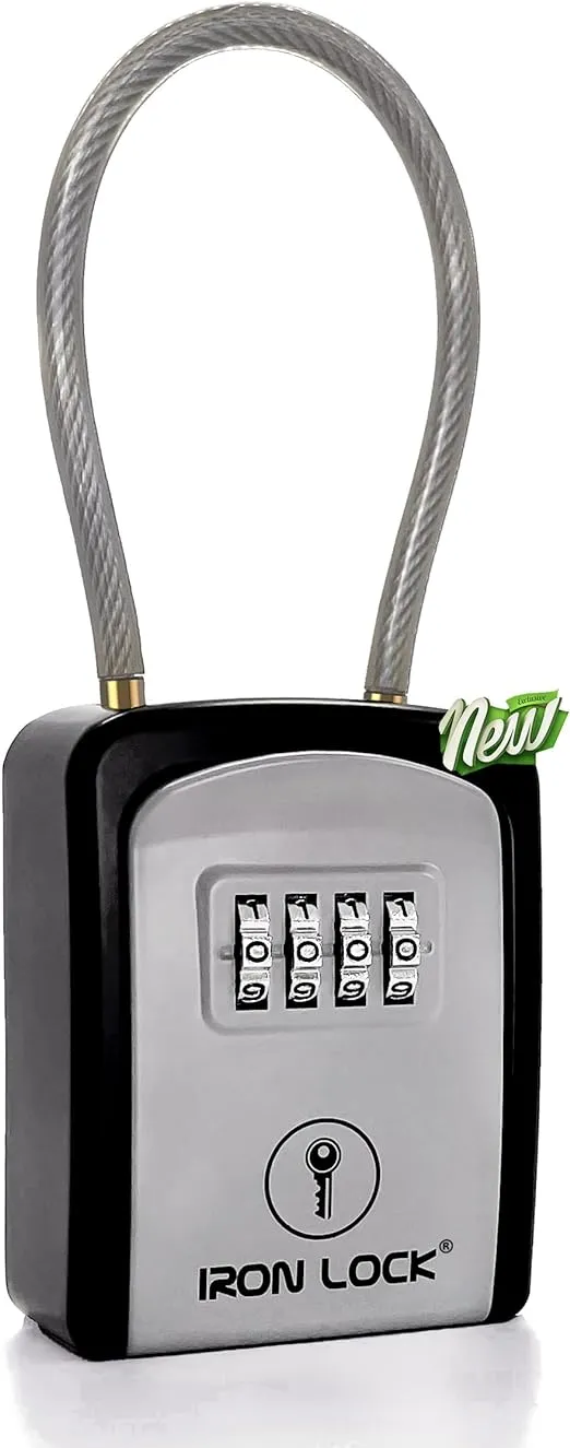 Iron Lock® XXL Key Lock Box Portable and Wall Mounted with Removable Cable Shackle Waterproof Indoor Outdoor 4 Digit Combination with Resettable Code with A B Switch Extra Large Key Lockbox Outside