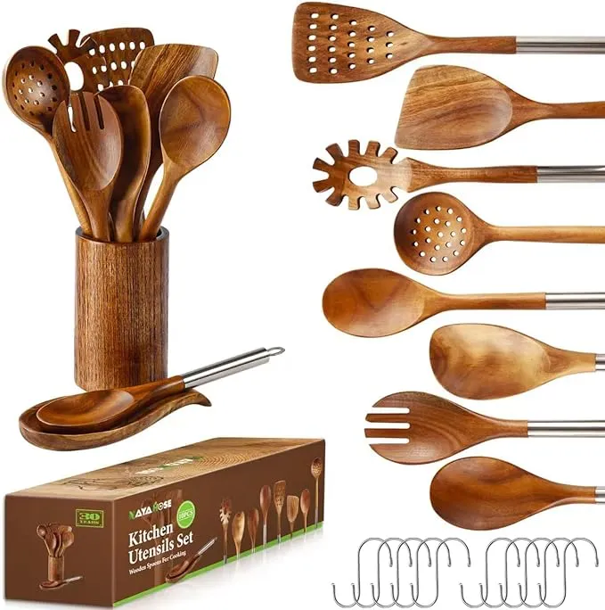 thinkstar Wooden Kitchen Utensils Set with Holder, 11 Pcs Teak Wooden Cooking ...