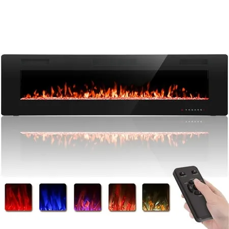 Auseo 68 inch Recessed and Wall Mounted Electric Fireplace Ultra Thin and Low Noise Fit for 2 x 6 Stud Remote Control with Timer Touch Screen Adjustable Flame Color and Speed