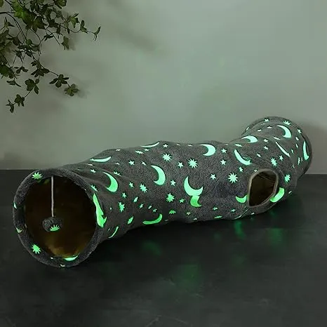 LUCKITTY Cat Tunnel Bed Tube with Cushion and Plush Ball Toy Playground Crinkle Collapsible Self-Luminous Flannel Fabric 3FT for Large Cats Kittens Kitty Small Animals Puppy Grey Moon Star