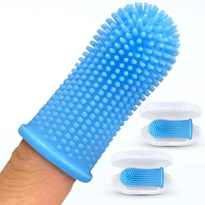 Jasper Dog Toothbrush - 360º Dog Tooth Brushing Kit for Dog Teeth Cleaning - Dog Dental Care for Puppies, Cats & Small Pets - Ergonomic Dog Finger Toothbrush with Surround Bristles - Blue 2-Pack