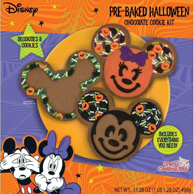 Brand Castle Disney Halloween Pre-Baked Chocolate Cookie Decorating Kit – Includes 8 Pre-Baked Cookies, Ready-to-Use Orange, Green & Purple Icing, Icing Pen, and Fall-Themed Sprinkles – Fun Fall Baking Kit