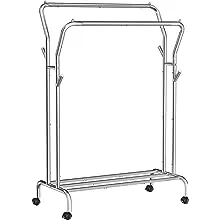 SONGMICS Clothes Rack, Double-Rod Clothing Rack with Wheels, Heavy-Duty Metal Frame, Garment Rack, 220 lb Max. Total Load, 40.7 Inches Wide, Clothes Storage and Display, Silver UHSR107E01