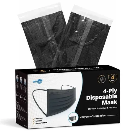 WeCare Disposable Face Mask Individually Wrapped - 50 Pack, Black 4 Ply Masks