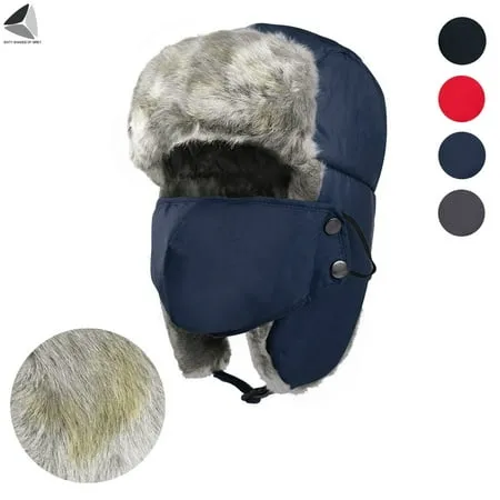 Sixtyshades Men Women Trooper Trapper Hat Warm Winter Hats with Ear Flap Faux Fur Hunting Aviator Hat (Nary Blue)