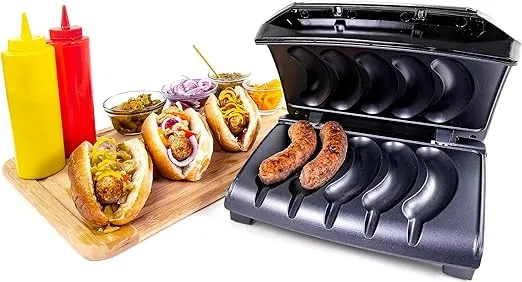 Homecraft Electric Sausage & Brat Grill with Oil Drip Tray, Carry Handle, and Cord Storage, up to 5 Links of Beef, Turkey, Chicken, Veggie Sausages, or Hot Dogs