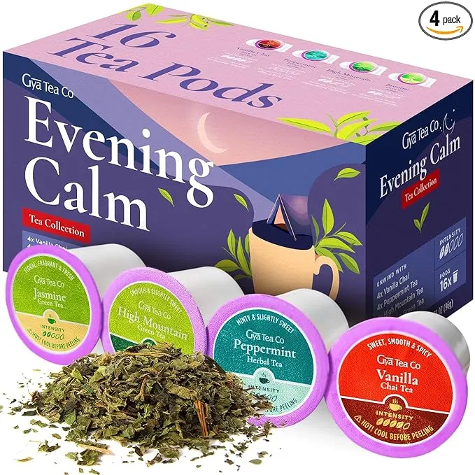 Gya Tea Co Evening Calm Tea Pods Tea Gift Set (16 ct) - Tea K Cups Variety Pack with Vanilla Chai, Peppermint, High Mountain, Jasmine Green Tea 4 Flavors - Christmas Tea Lovers Get Well Gifts