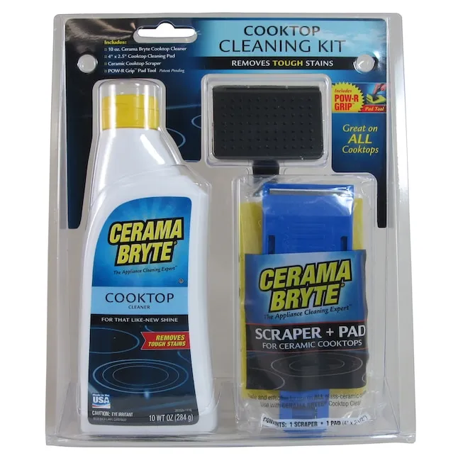 Cerama Bryte - Cooktop Cleaning Kit - Includes 10 oz. Bottle of Cerama Bryte Cooktop Cleaner, 2 Cleaning Pads, 1 POW-R Grip Pad Tool and 1 Scraper packed in Reusable Container, White (SYNCHKG114607)