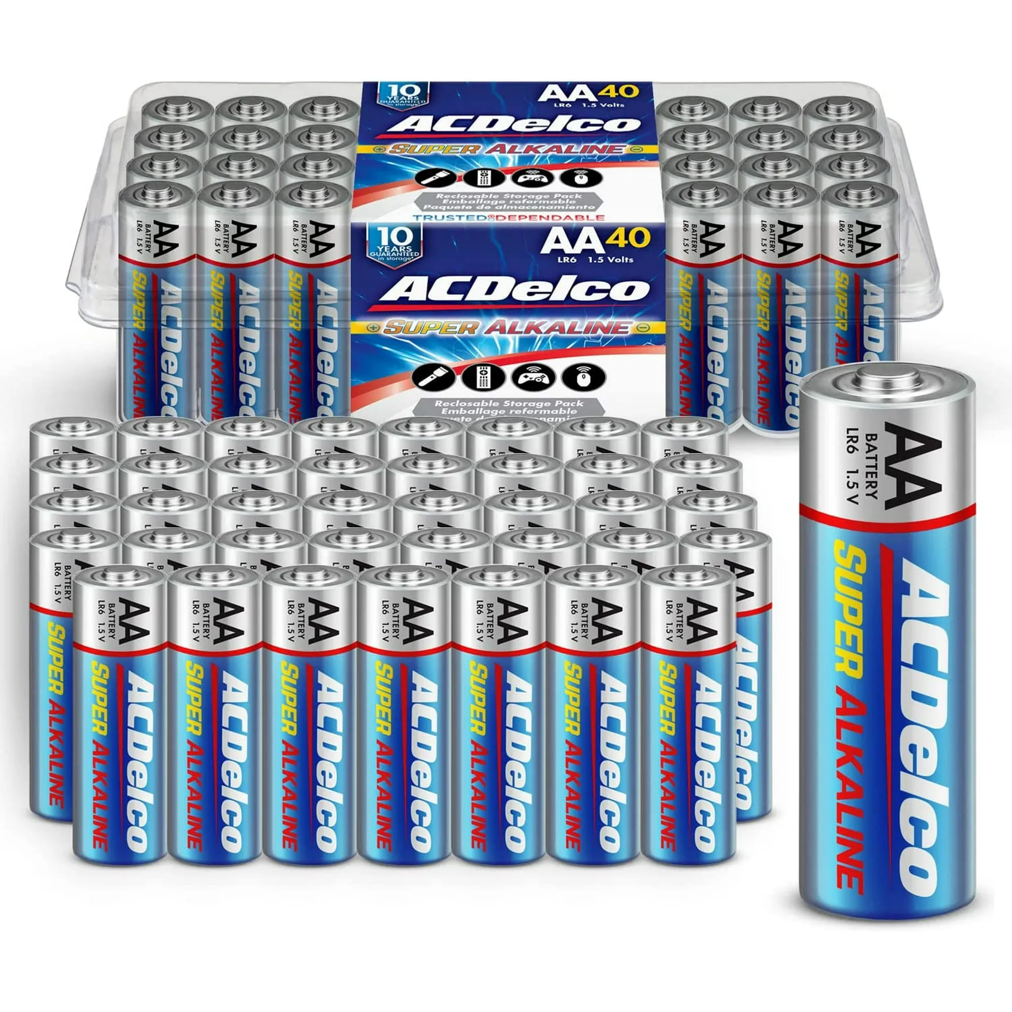 ACDelco 40-Count AA Batteries, Maximum Power Super Alkaline Battery, 10-Year Shelf Life, Reclosable Packaging, Blue