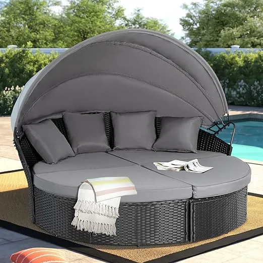 Oakmont Patio Furniture Outdoor Daybed Round Sofas with Canopy, Black Wicker, 4 Pieces Seating Separ