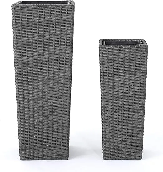 Christopher Knight Home Everest Outdoor Wicker Flower Pots, 2-Pcs Set, Grey