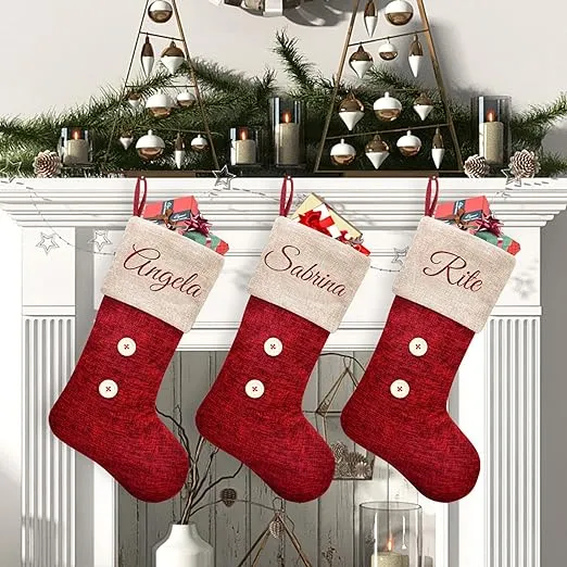 Personalized Burlap Christmas Stockings, Large Xmas, Rustic Red Stockings, Christmas Decoration for Holiday Party Fireplace Home