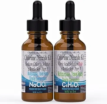 Crystal Clear Chlorine Dioxide ClO2-Kit, Citric Acid Solution w/EZ-Drop Bottles, Small 1 Oz (2 Bottles)