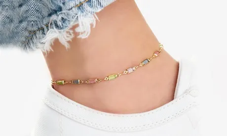 Barzel 18K Gold Plated Gold and Multi Color Crystal Baguette Anklet