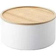 Yamazaki Home Rin Round Storage Case, Snacks, Toy, Or Craft Supplies Holder, Sewing Box Organizer, Wooden Lid Tray - Tall - Steel + Wood