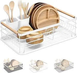 Navaris Dish Drainer Rack - Plate, Silverware, Pots and Pans - Dish Rack with Beechwood Handles - Metal Dish Drying Rack for Kitchen Counter - Modern Retro Design Dish Rack - White