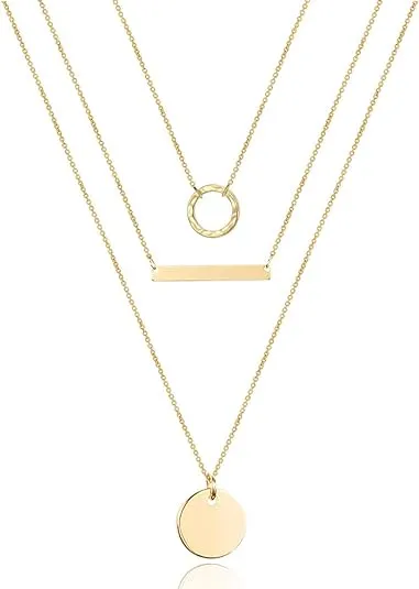 Turandoss Dainty Layered Choker Necklace, Handmade 14K Gold Plated Y Pendant Necklace Multilayer Bar Disc Necklace Adjustable Layering Choker