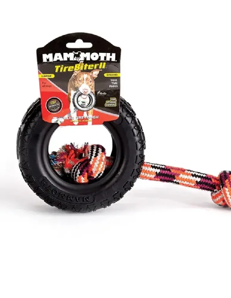 Mammoth TireBiterII with Cotton-Poly Rope – Natural Rubber Dog Toys for Extreme Chewers – Dog Toys for Extra Long Interactive Play – Aggressive Chewer Toys for Medium - Large Dogs - Large 6”