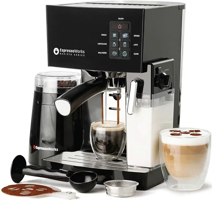 Espresso & Cappuccino Maker- 19 Bar Pump - 10 Pc AllInOne Espresso Maker & Milk Steamer w/Bean Grinder, 2 Cappuccino & 2 Expresso Cups, Tamper, Single & Double Shot Filter Baskets, 1250W, (Rose Gold)