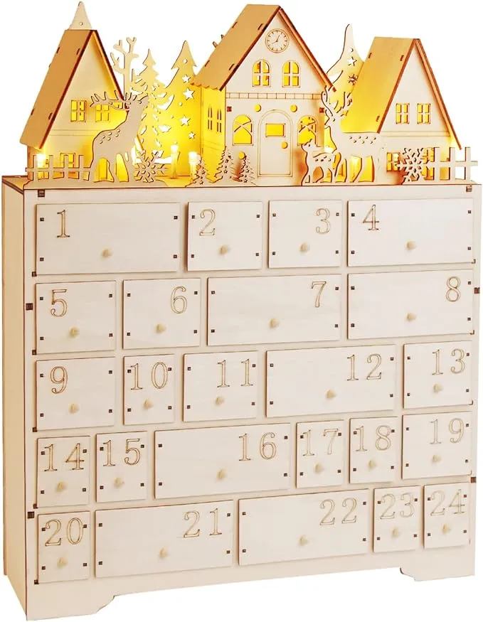 CCINEE Christmas Wooden Advent Calendar with 24 Storage Drawers, Countdown to Christmas Decoration with LED Lights Large Size Xmas Countdown Calendar for Holiday Decoration（ Upgraded）