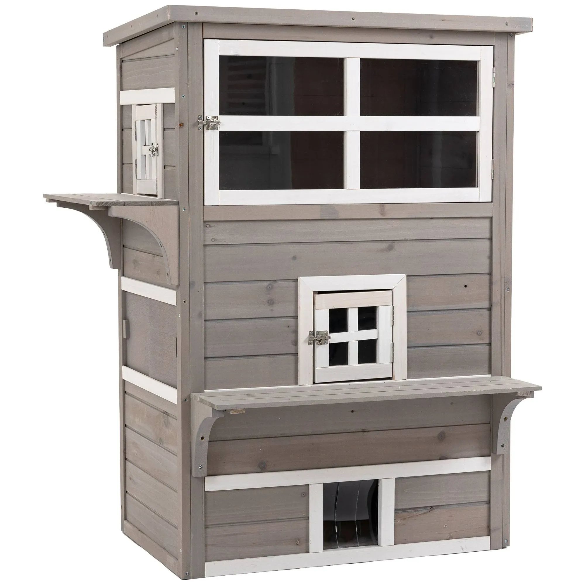 PawHut 3 Tier Feral Cat House Outdoor Kitten Condo Shelter with Raised Floor Asphalt Roof Escape Door Jumping Platform Grey