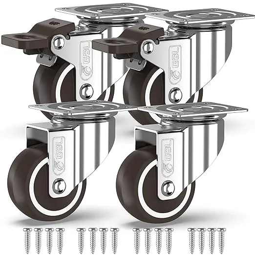 GBL 2" Heavy Duty Caster Wheels with 2 Brakes + Screws - up to 440Lbs - Set of 4 No Floor Marks Silent Castor for Furniture - Rubbered Trolley or Pallet Swivel Wheels - Silver CastersGBL 2" Heavy Duty Caster Wheels with 2 Brakes + Screws - up to 440Lbs -