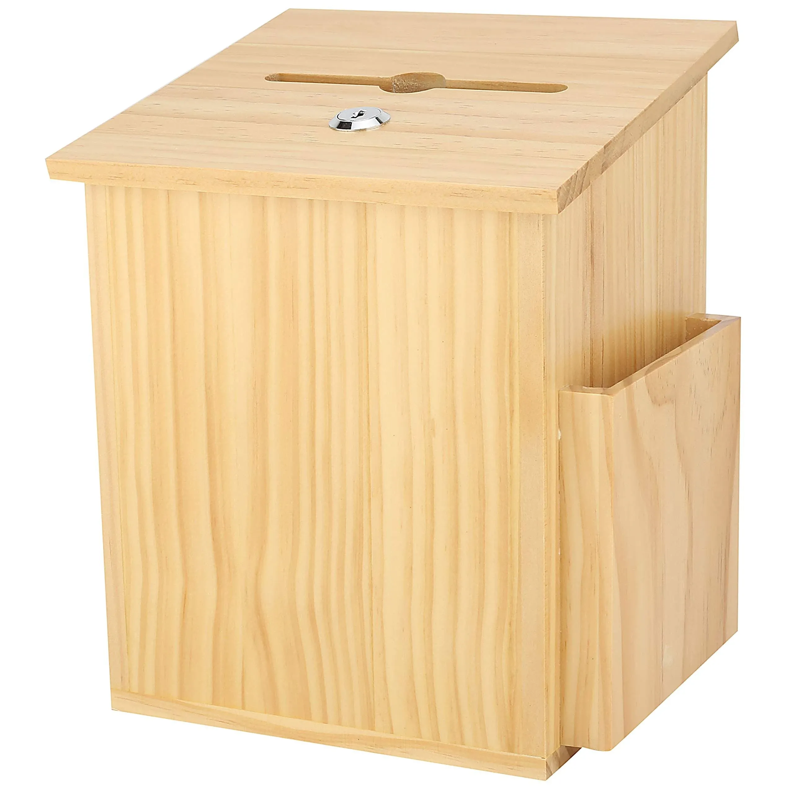 Finished Natural Wood Charity Donation & Suggestion Box Office Ballot Box with Pocket Comes with Locking Hinged Lid for Table or Counter-Top Use