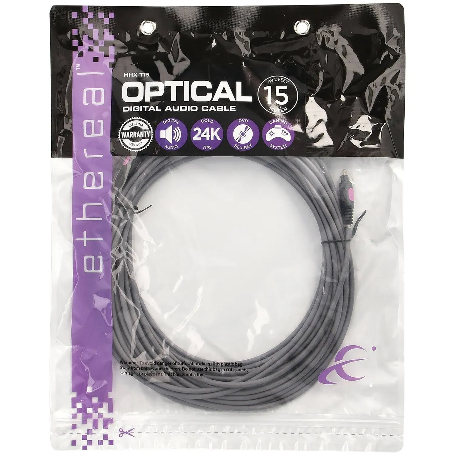 Ethereal MHX-T15 Gold-Plated TOSLINK 49.2 Ft. Digital Optical Audio Cable