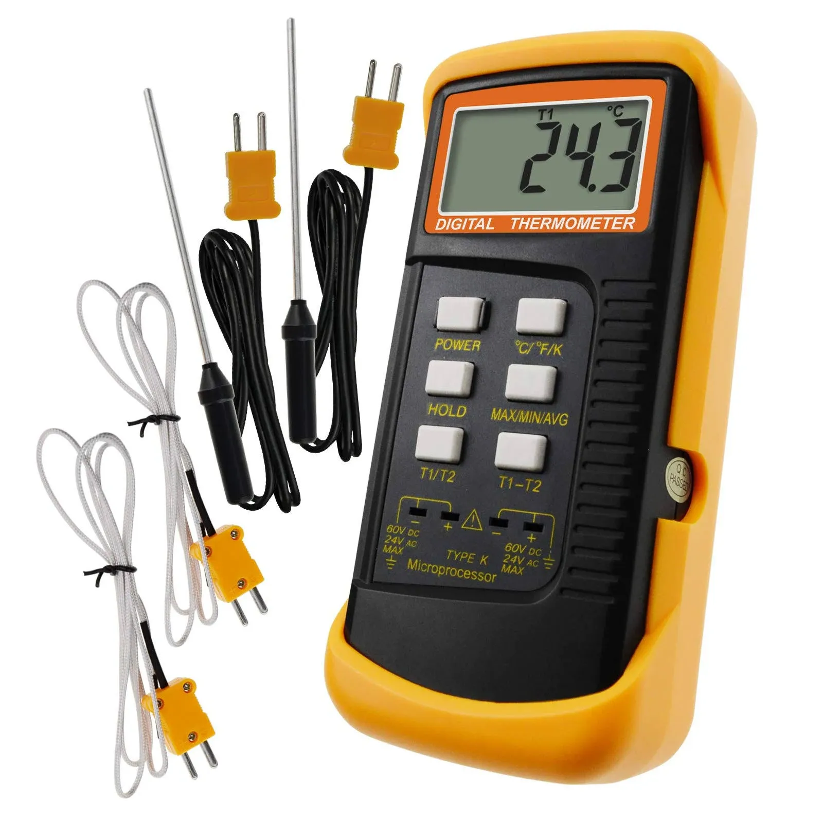 Digital 2 Channels K-Type Thermometer w/ 4 Thermocouples (Wired & Stainless Steel ...