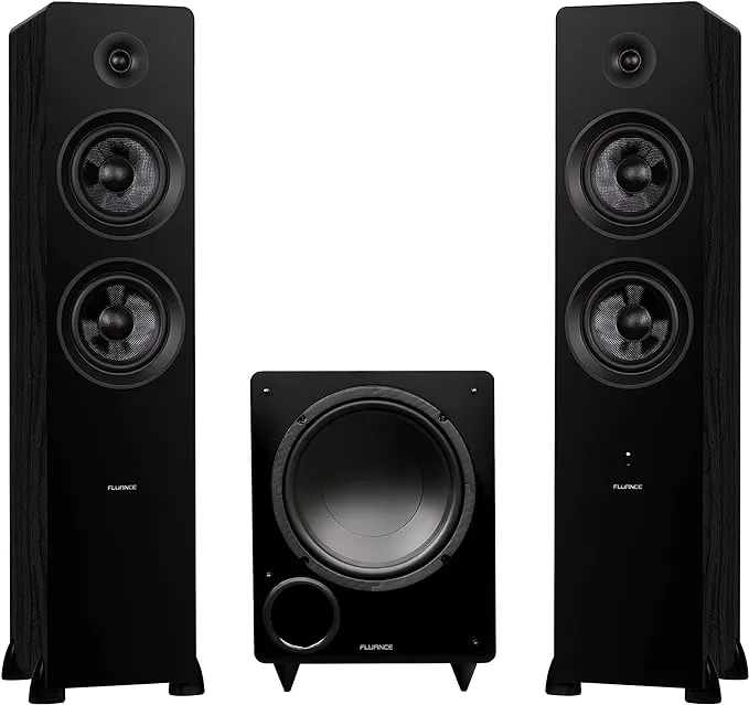 Fluance Ai81 Powered Floorstanding Tower Speakers and DB10 10" Low Frequency Ported Front Firing Powered Subwoofer with 15 Feet RCA Ultimate Performance Collection Subwoofer Cable (Black Ash)