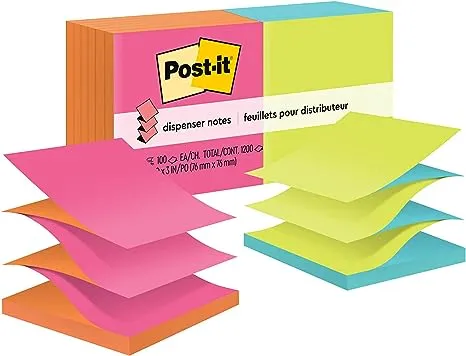 Post-it Pop-Up Notes, Green, Blue, Yellow, Pink, Orange, Designed for Pop-Up Note Dispensers, Call Out Important Information, 3 in. x 3 in, 12 Pads/