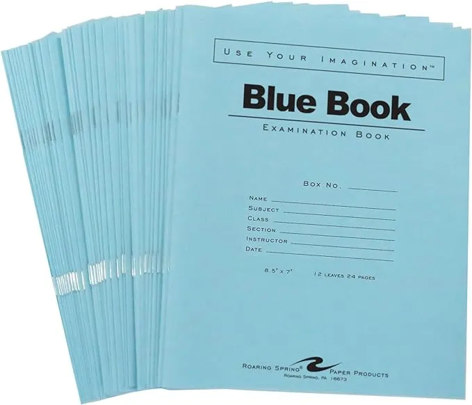 ROARING SPRING Exam Blue Books, 50 Pack, 8.5" x 7", 8 Sheets/16 Pages, Wide Ruled with Margin, Proudly Made in the USA