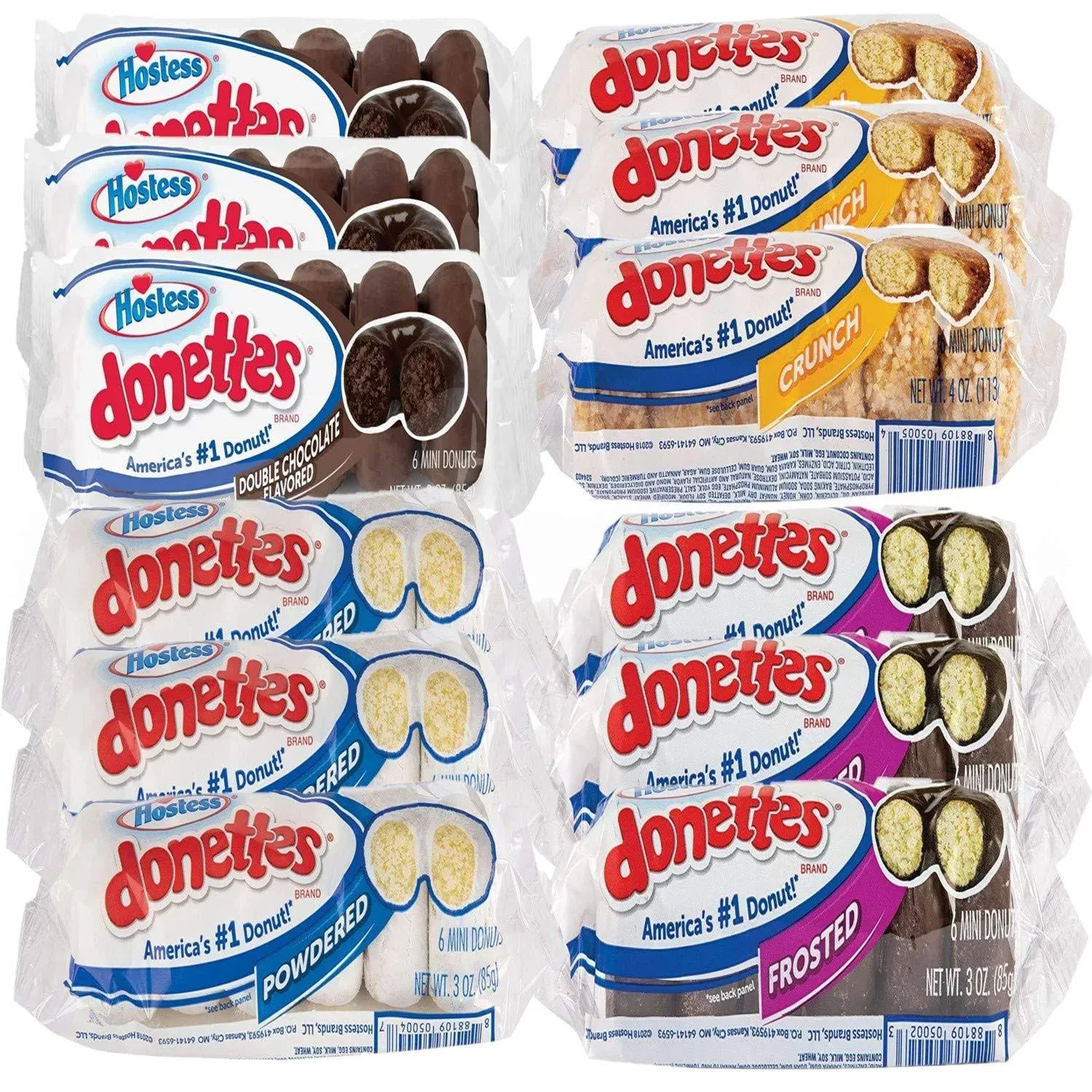 Hostess Donettes Variety Pack | Powdered, Frosted, Double Chocolate, and Crunch ...