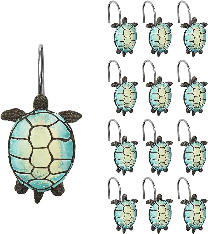 Sunlit Tilt Sea Turtle Shower Curtain Hooks, Home Decorative Shower Curtain Rings for Bathroom, Resin, Ocean Shower Curtain Hanger Hooks for Kid Room Living Room, Set of 12