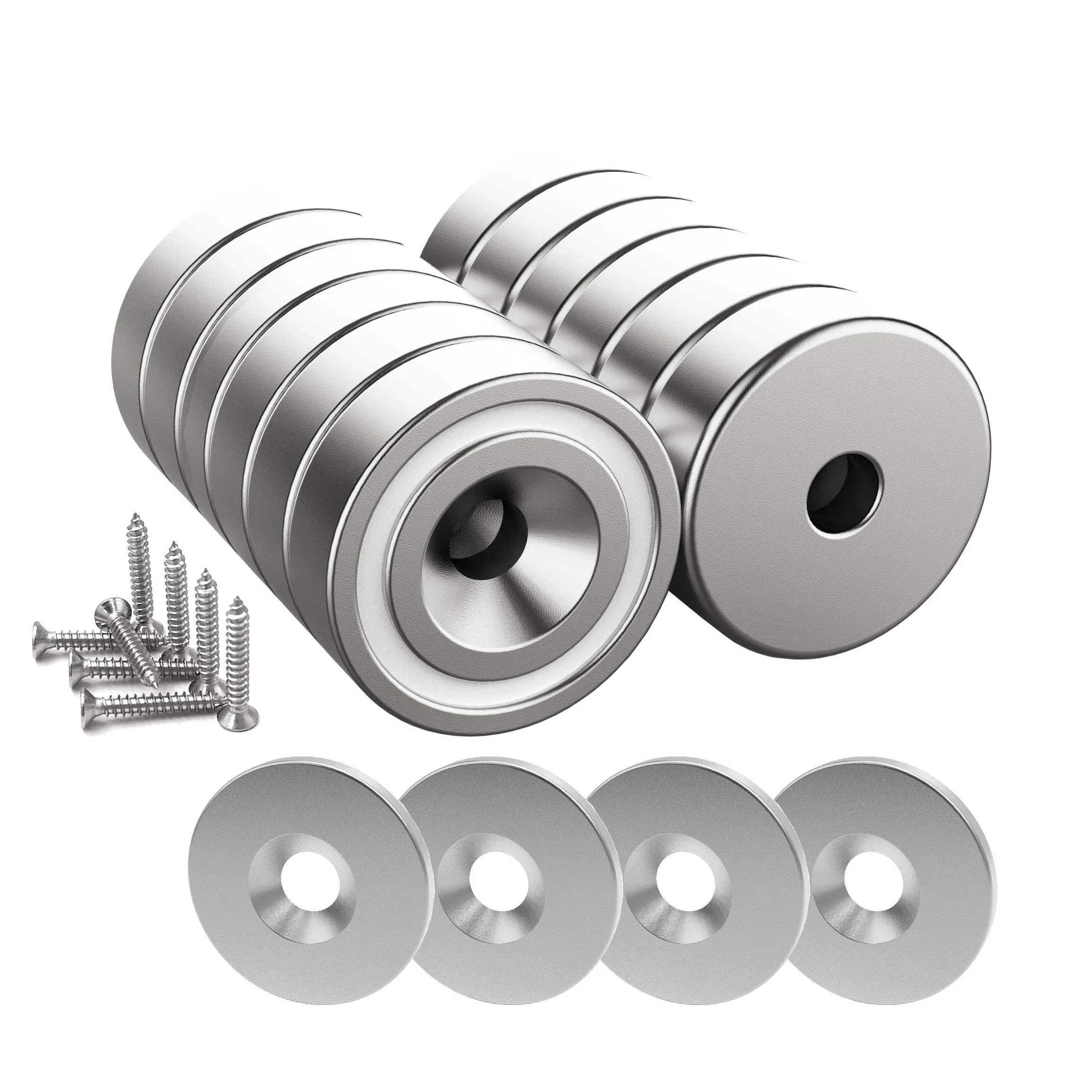 Magnetpro 12 Pieces Magnet 25 lb Force 20 x 7 mm with Countersunk Hole and Steel Capsule, Pot Magnets with Screws and 12 Steel Pads (Bright Silver)