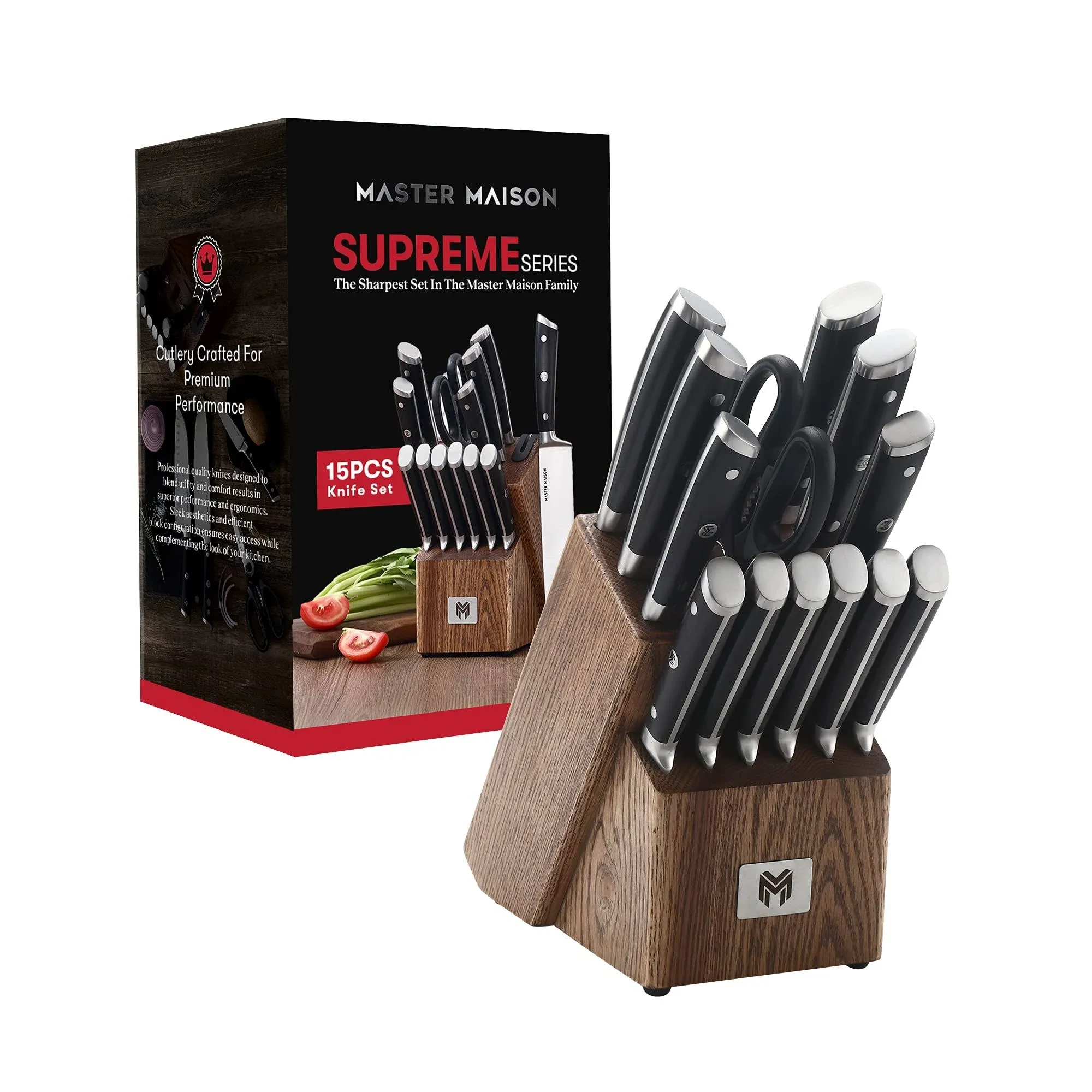 Master Maison 15 Pcs Black Wood Professional Knife Set - Stainless Steel Kitchen Knives With Dual Sharpener and Edge Guard Cover - Anti-Fatigue, Ergonomic, Full-Tang Triple-Riveted Handle