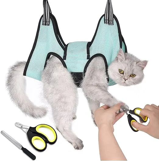 Cat Grooming Hammock Harness, Cat Holder for Grooming with Cat Nail Clippers/Trimmer,Nail File (Size:XS)