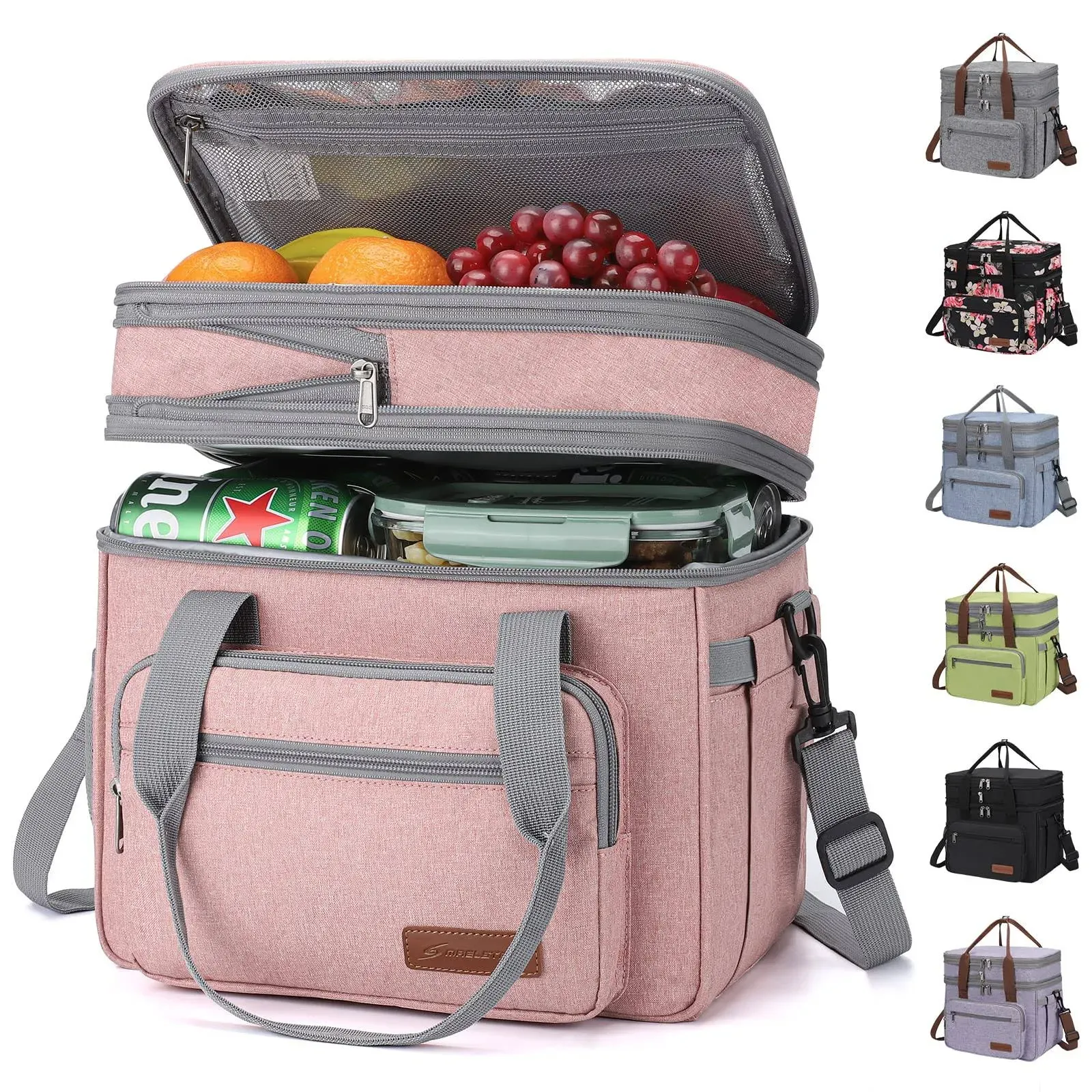 Maelstrom Lunch Bag Women,23L Insulated Lunch Box for Men Women,Expandable Double Deck Lunch Cooler Bag,Lightweight Leakproof Lunch Tote Bag with Side Tissue Pocket,Pink