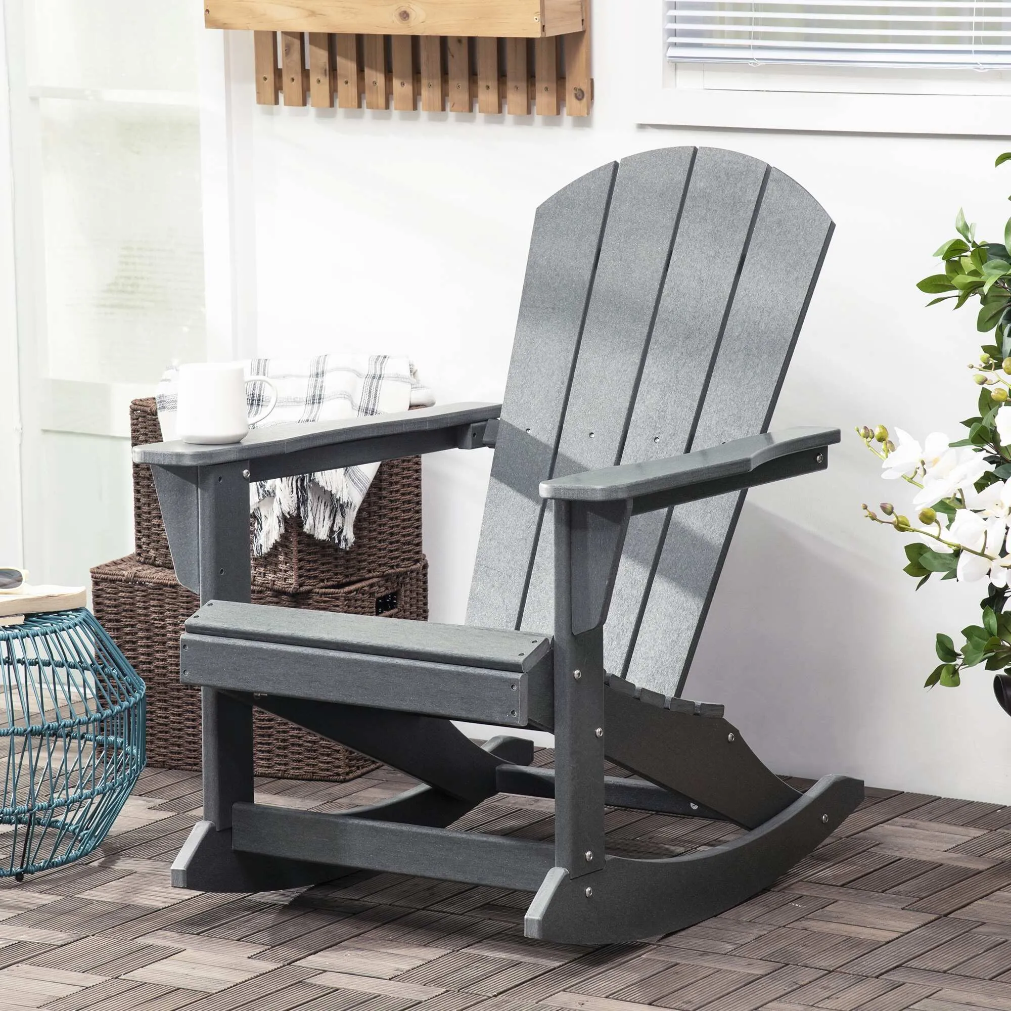 Outsunny Outdoor Rocking Chair, HDPE Adirondack Style Rocker Chair for Porch, Garden, Patio, Light Gray