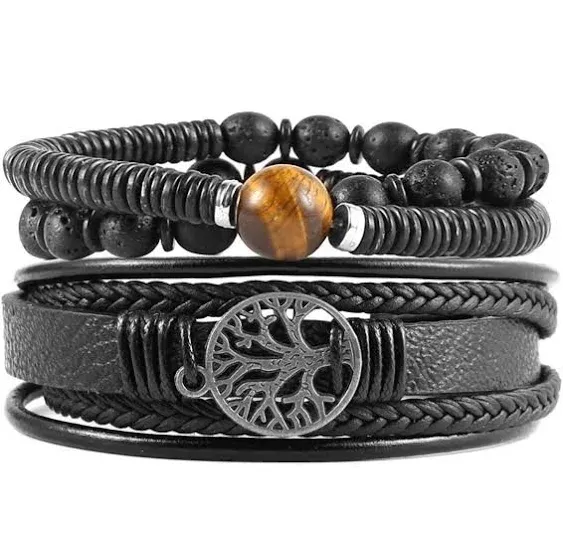 HZMAN Genuine Leather Tree of Life Bracelets Men Women, Tiger Eye Natural Stone Lava Rock Beads Ethnic Tribal Elastic Bracelets Wristbands (2pcs),