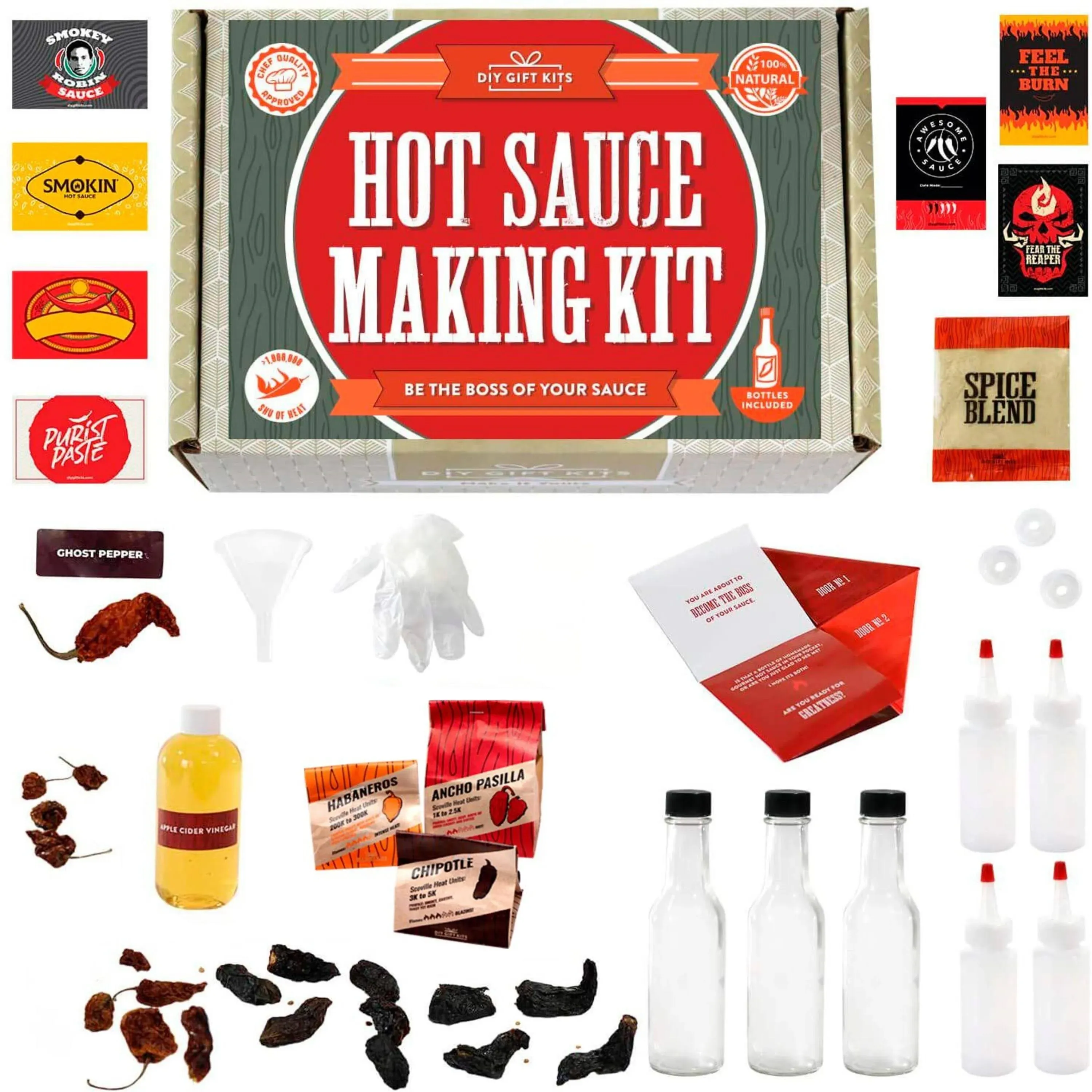 DIY Gift Kits Standard Hot Sauce Making Kit with 3 Recipes, All-Inclusive Set with Ghost Peppers for Making The Hottest Hot Sauce Kit for Adults! For Birthdays & Father's Day