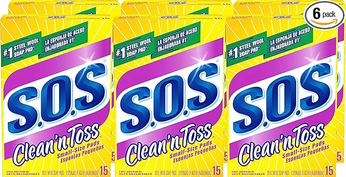 S.O.S Clean n' Toss Steel Wool Soap Pads, Home Cleaning Pads, Reusable Soap Scrubbers, Grease Cleaner, Outdoor, Bathroom or Kitchen Cleaning, Small Size Pads, 15 Count