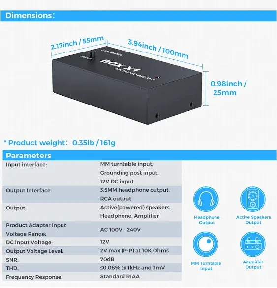 Fosi Audio Box X1 Phono Preamp for MM Turntable Mini Stereo Audio Hi-Fi Phonograph/Record Player Preamplifier with 3.5mm Headphone and RCA Output with