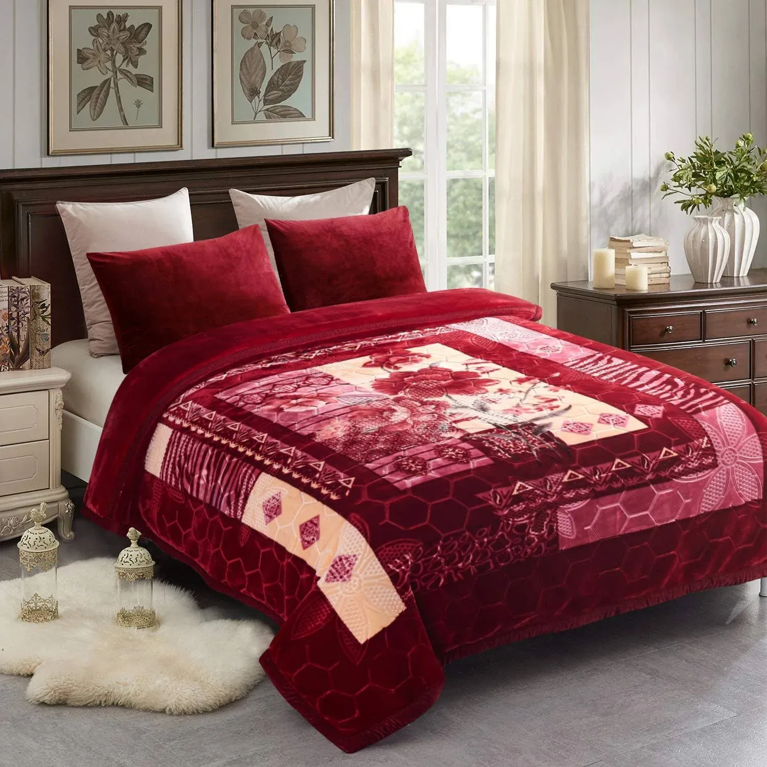 JML Korean Style Fleece Blanket, Soft Fleece Blanket King Size, 10 Pounds Heavy Plush Blanket 85" x 93" - Silky Thick Warm, 2 Ply A&B Printed Raschel Bed Blanket, Red Rose