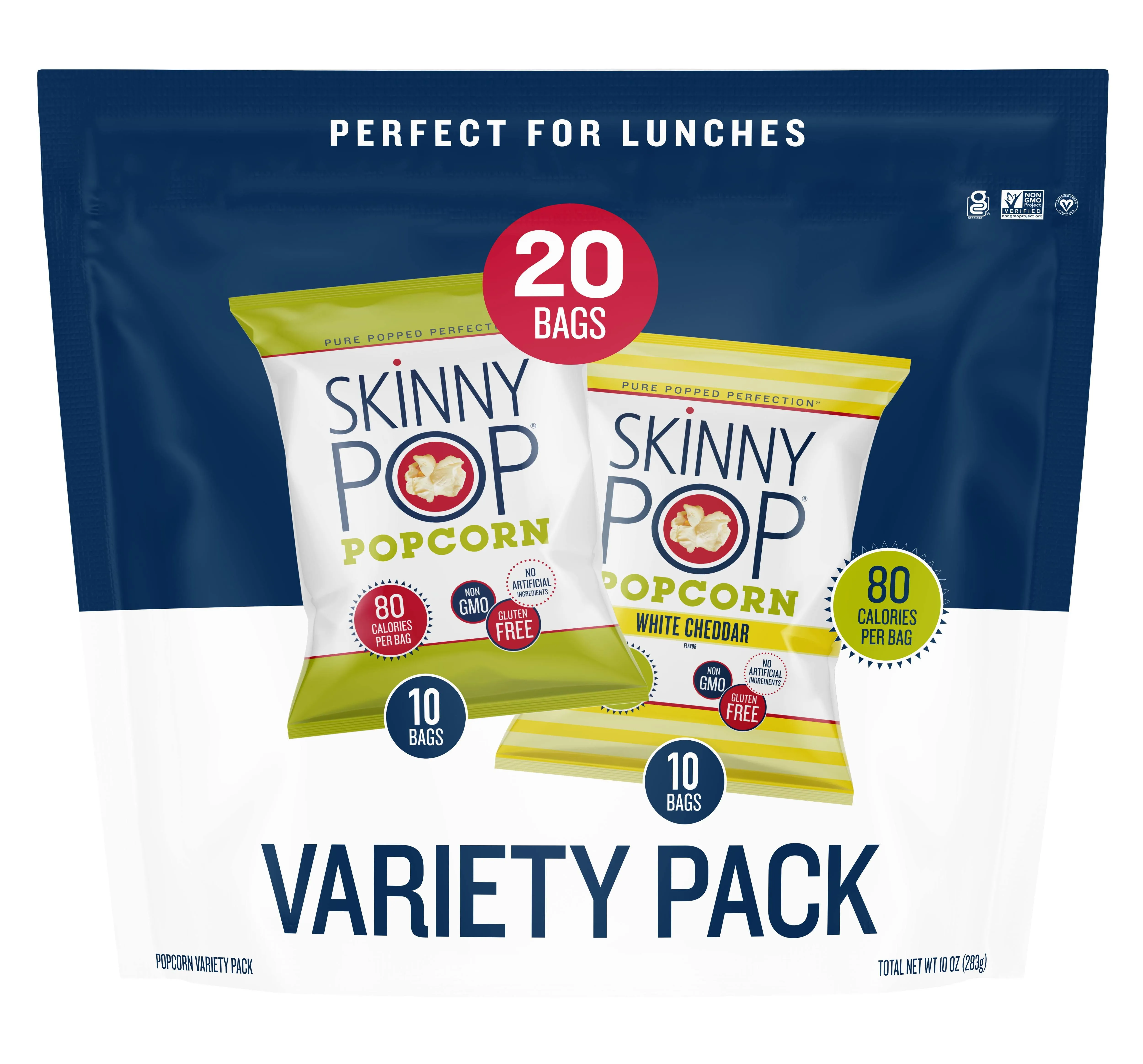 SkinnyPop Gluten-Free Original and White Cheddar Popcorn Variety Pack, 0.5 oz, 20 Count