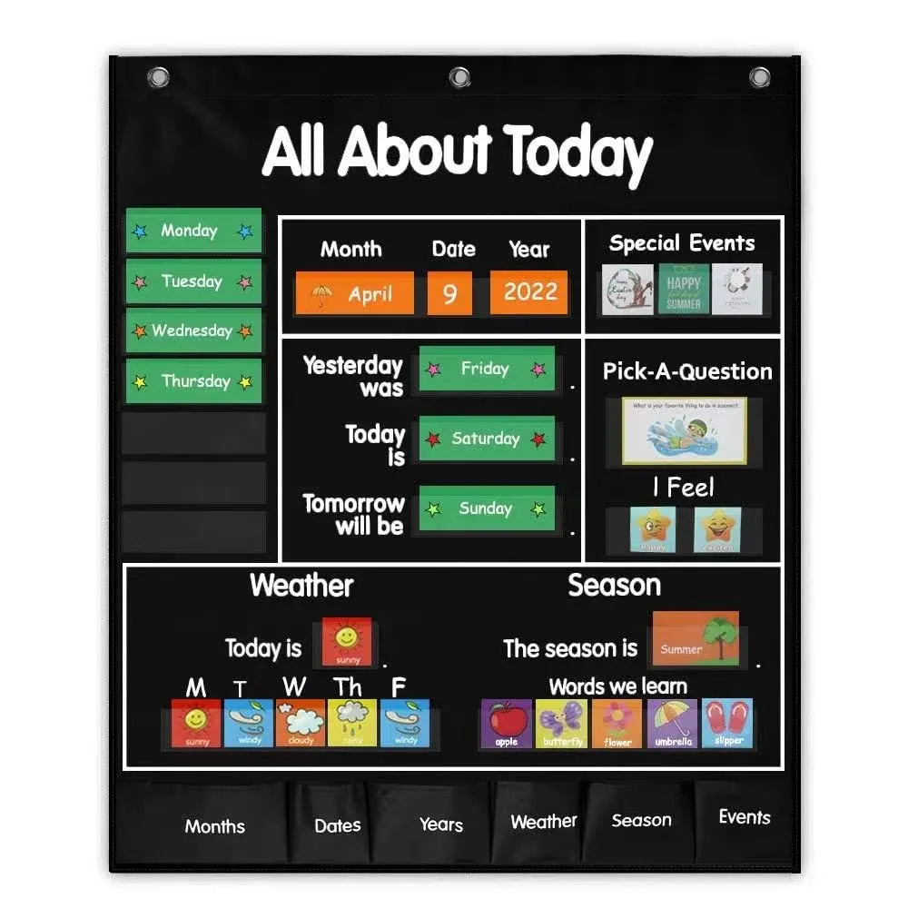 Mewise All About Today Learning Center Pocket Chart Classroom Daily Activities Chart Center,Weather & Calendar Pocket Chart Circle Time (Black)