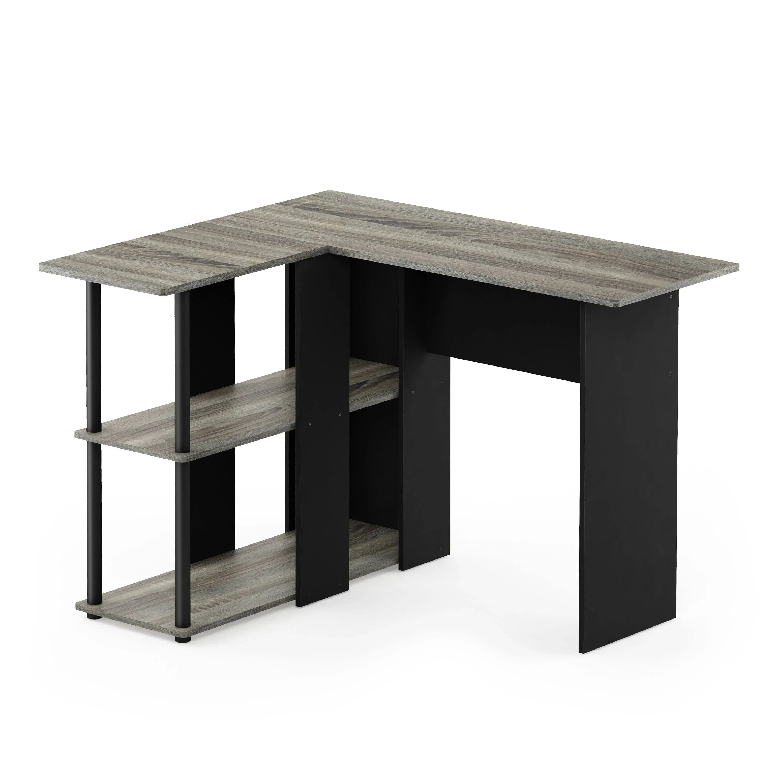 Furinno 17092AMSS Abbott L-Shape Desk with Bookshelf Americano & Stainless Steel Tubes