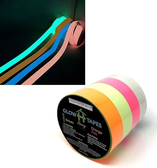 Homey Product Glow in The Dark Tape - Set of 4 Bright Color Rolls - 1" x 200" Each - Green, Orange, Blue, Pink - Strong with Hours of Luminous Glow - Great Party Supplies & Decorations